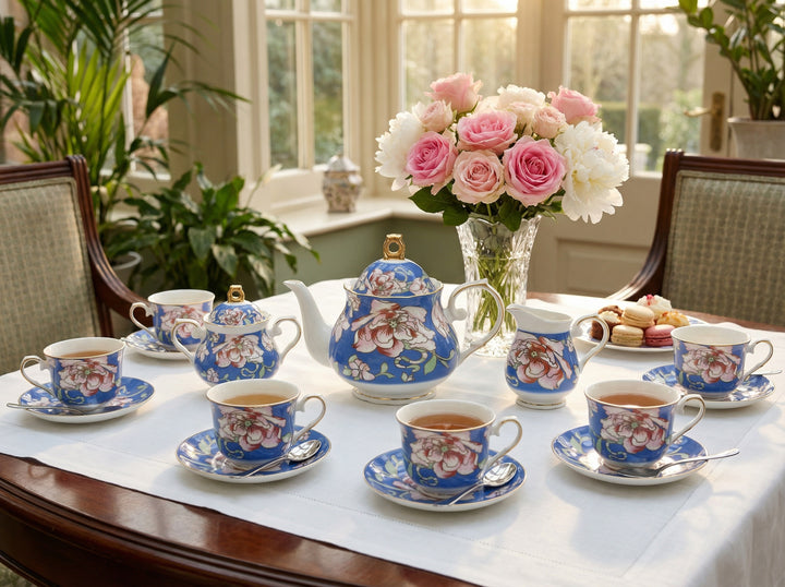 Rosewood Garden tea service for six with teapot, cups and saucers