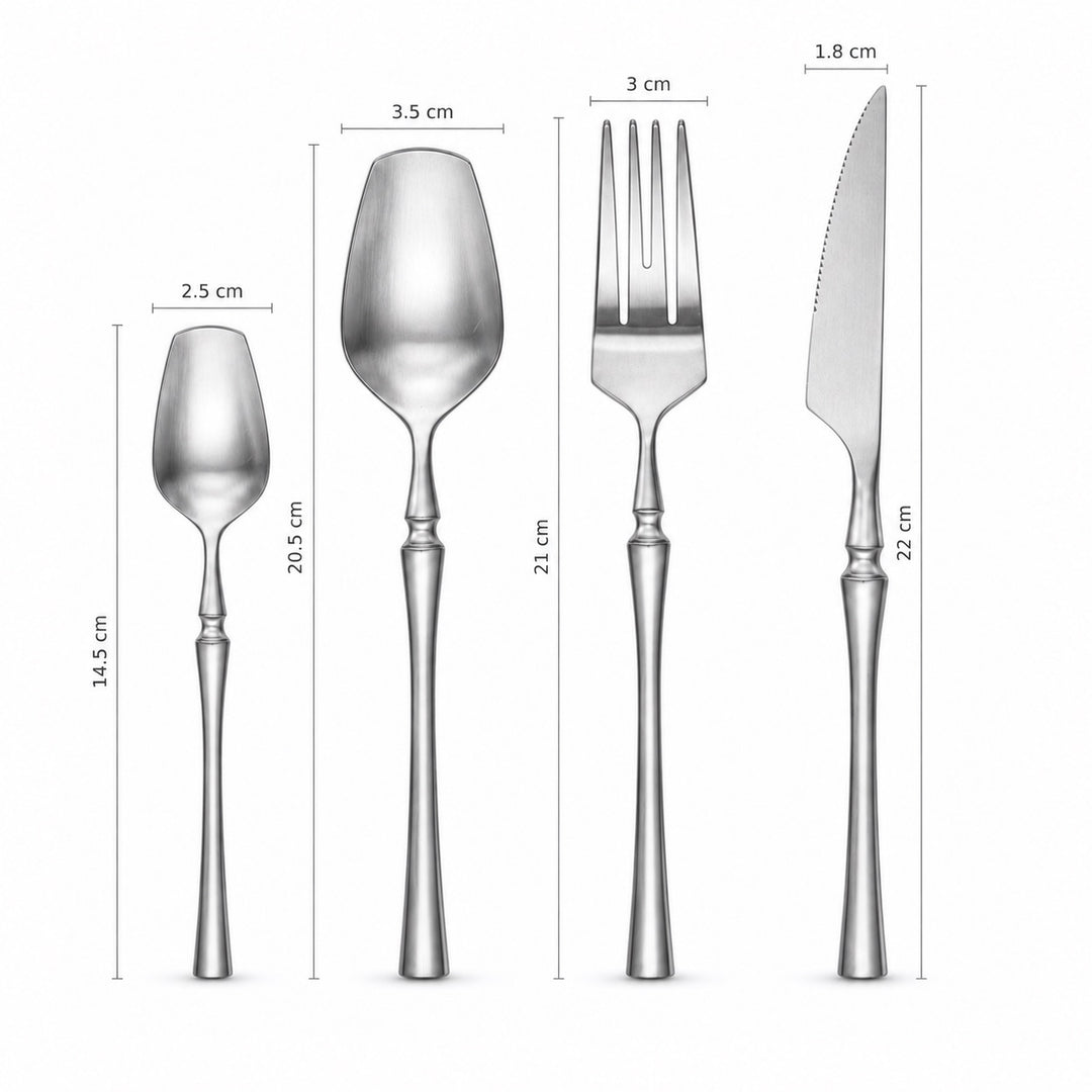 Four-piece stainless steel cutlery set with labeled dimensions for a spoon, fork, knife, and spoon handle, shown on a plain white background.