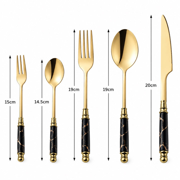 Five-piece gold-plated cutlery set with black marble-patterned handles, shown with height measurements for each utensil on a white background.