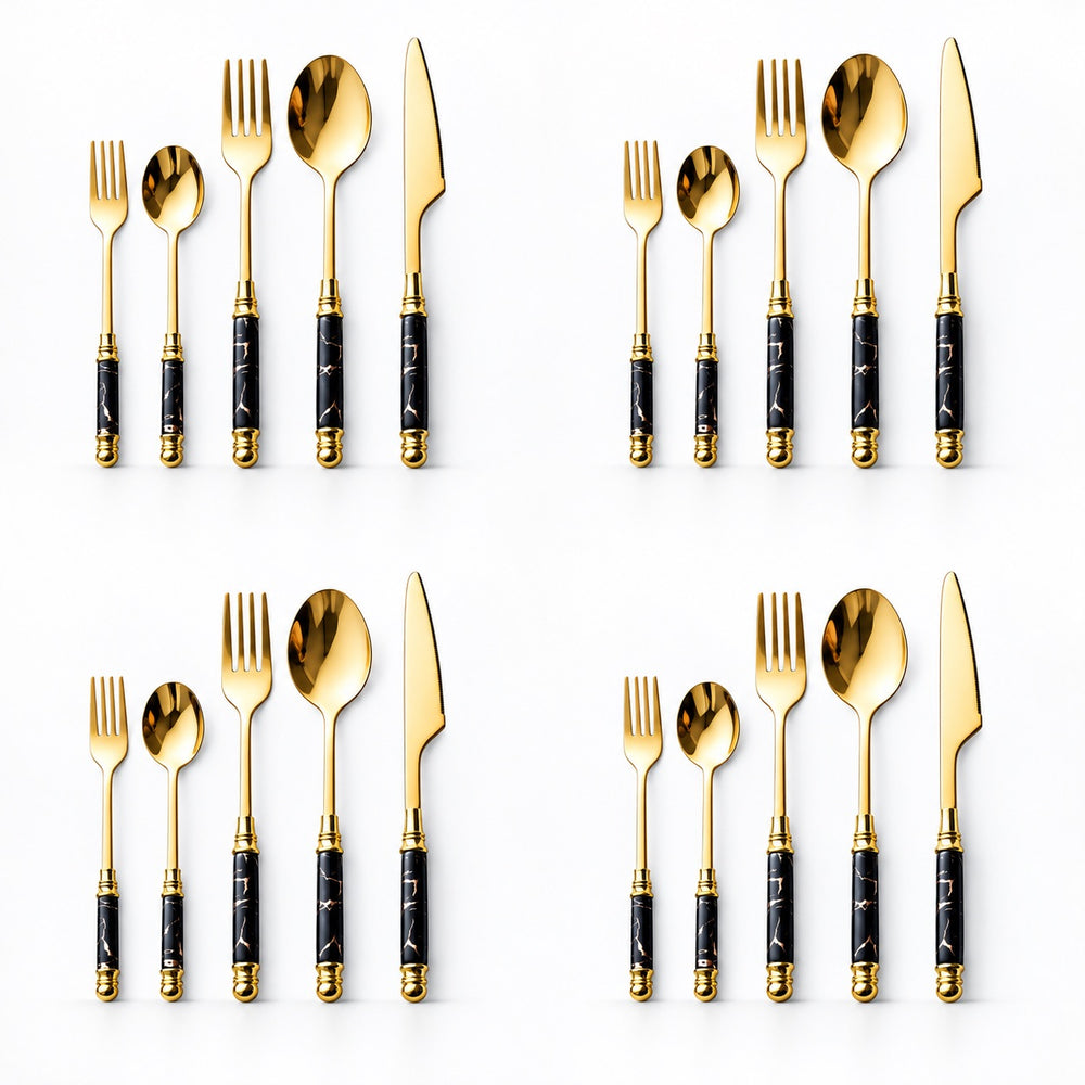 Four identical sets of gold flatware with black marble-patterned handles, arranged in a 2x2 grid on a white background. Each set includes a fork, spoon, knife, and dinner spoon.