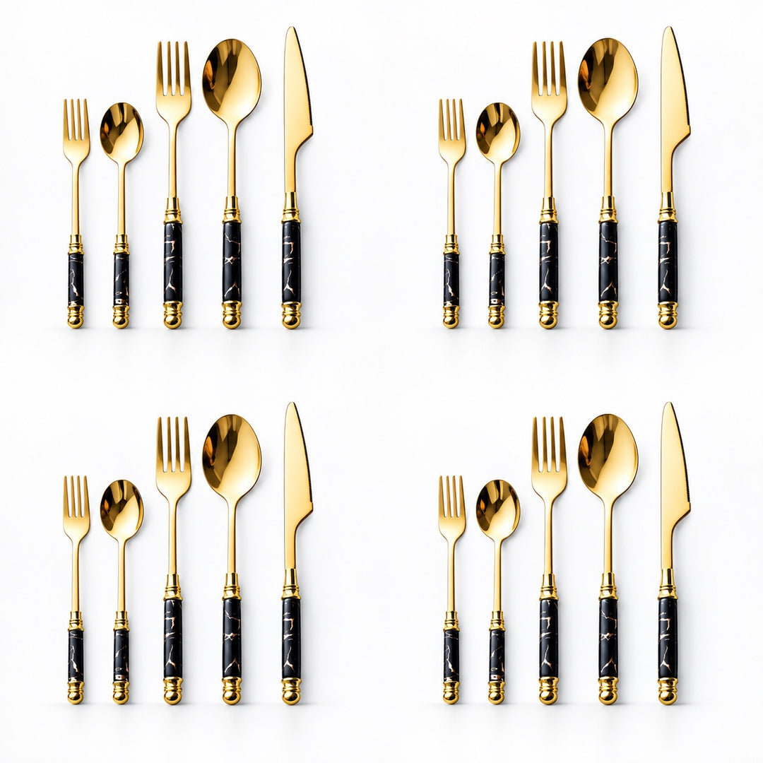 Four identical sets of gold flatware with black marble-patterned handles, arranged in a 2x2 grid on a white background. Each set includes a fork, spoon, knife, and dinner spoon.