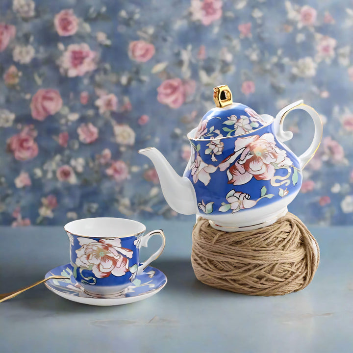 Close-up of Warwickshire Royal Bone China Tea Set showcasing intricate blue and pink floral patterns and gold accents