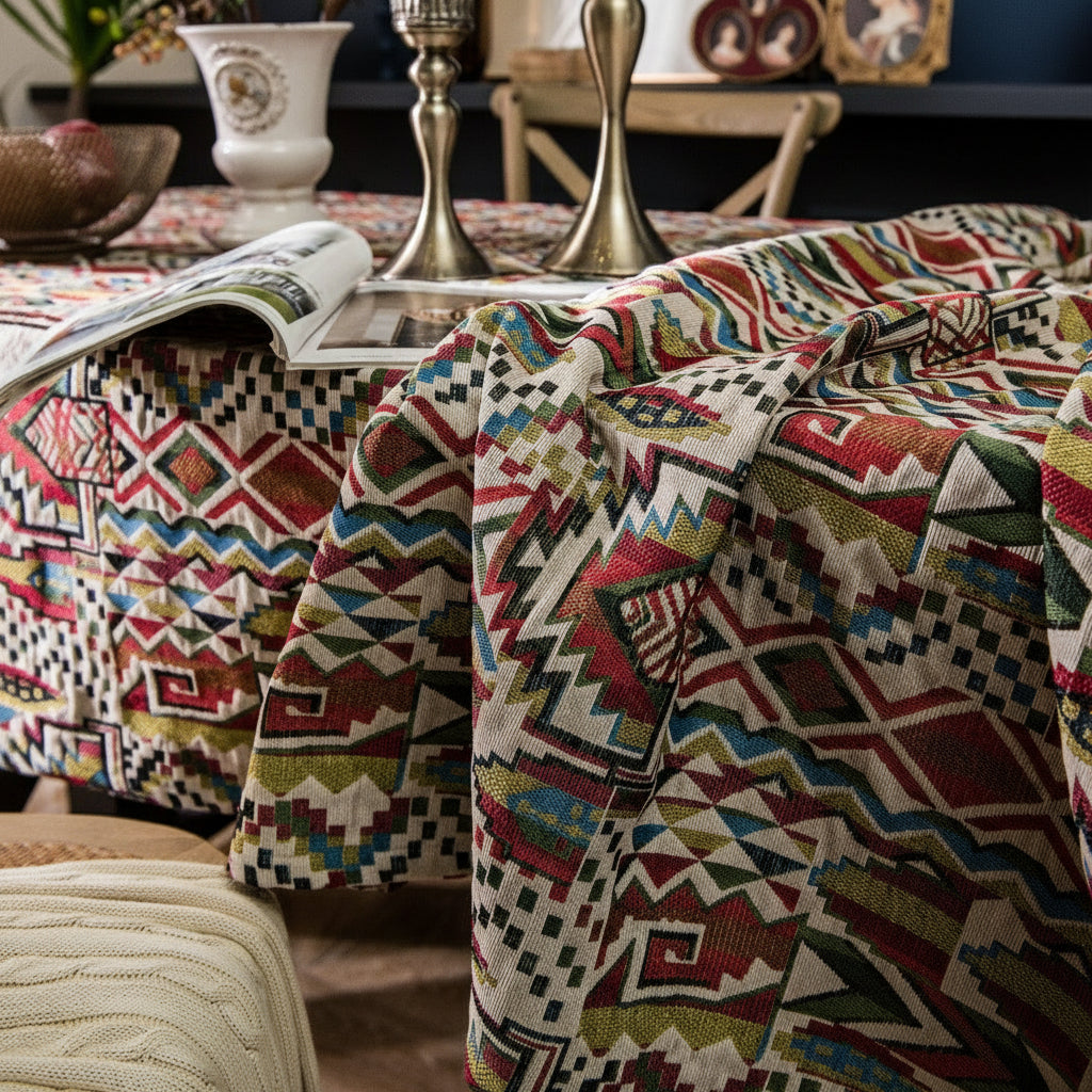 Colorful patterned tablecloth draped over a table with decorative items in the background.