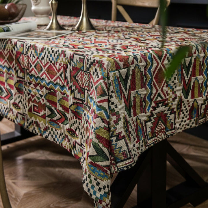 Tablecloth with geometric pattern on a table