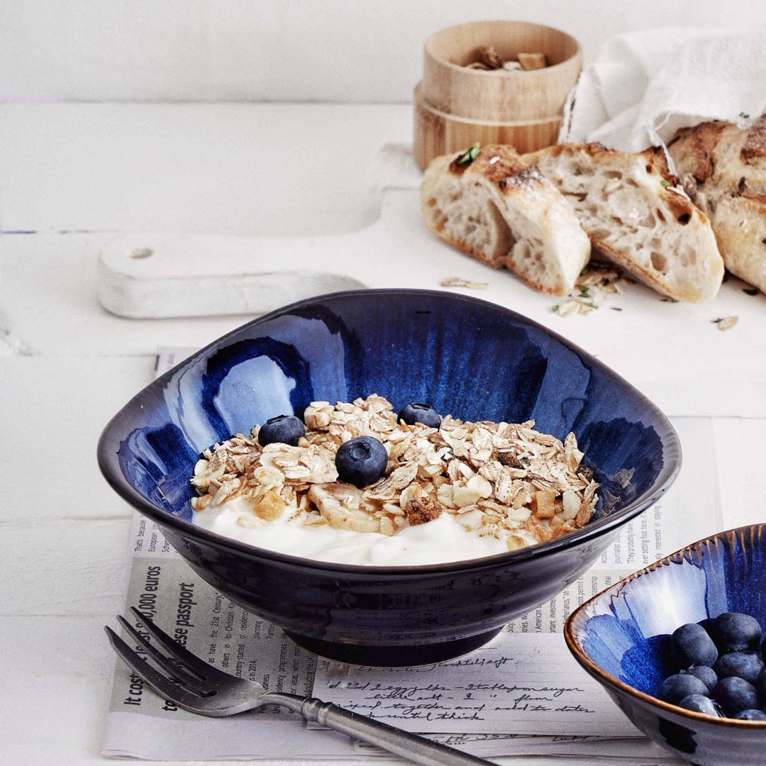Chic Blue Porcelain Bowl with Breakfast Cereal