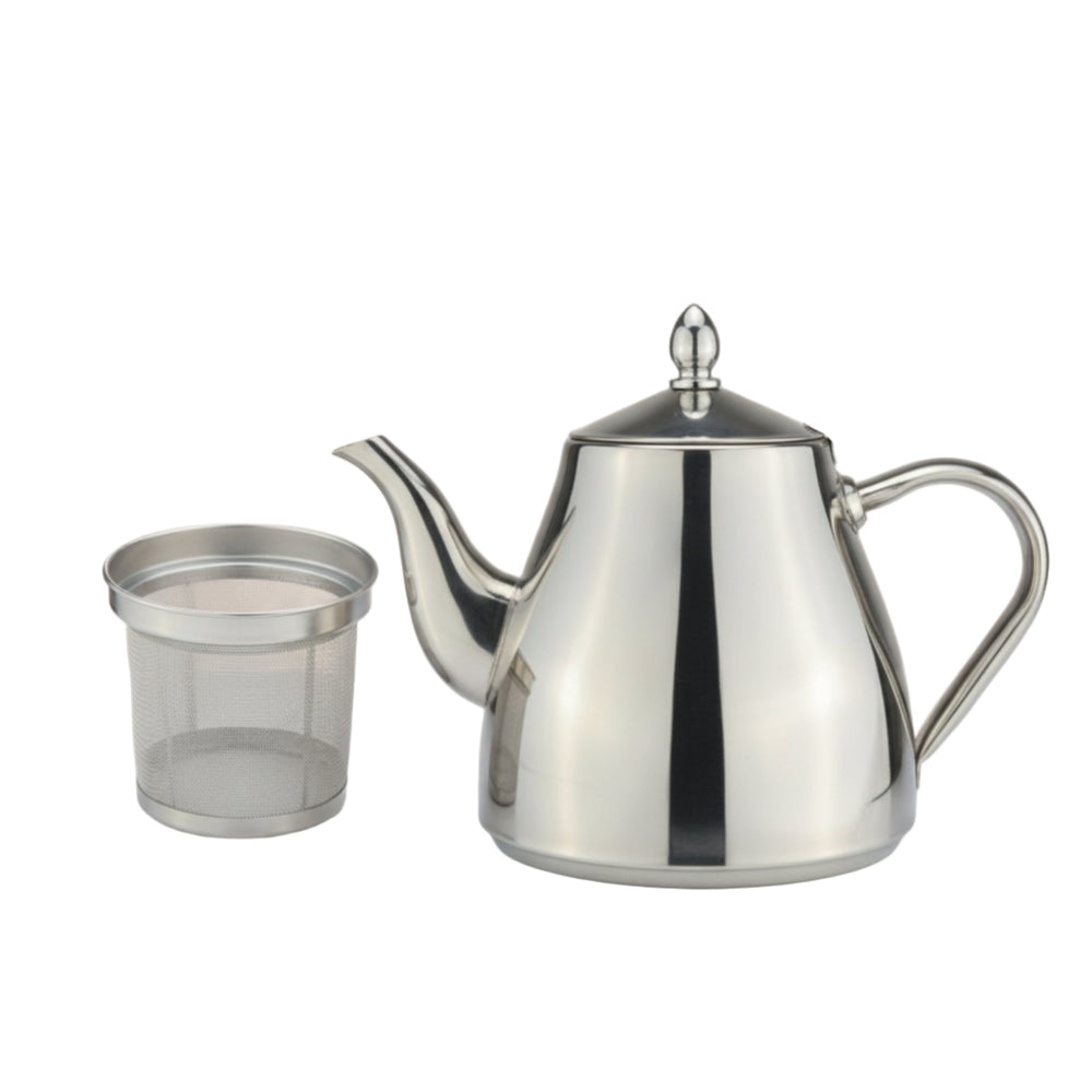 Stainless steel teapot with a mesh filter on a white background